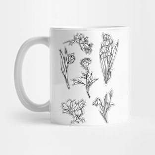 Black and white Spring Flowers set, Art Nouveau flower pattern, nature, Tulip, Iris, Cherry Blosom, Primrose, Pastel, Watercolor style Mug